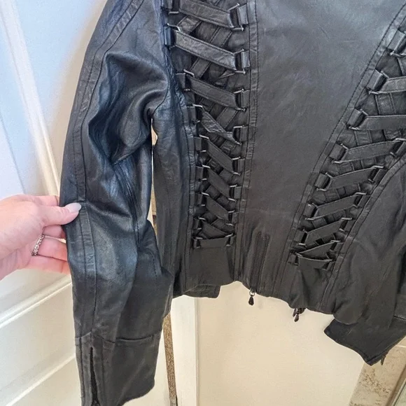 Affliction Black Leather Jacket with Purple Lining - Picture 4 of 5